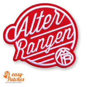 Logo Aufnäher für Firmen. Gestickt und als freie Form realisiert.