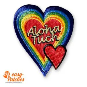 Logo Aufnäher für Aloha Tuch. In Herzform. Mehrfarbig.