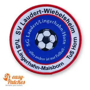 Fußball Aufnäher gewebt mit Kettelrand.